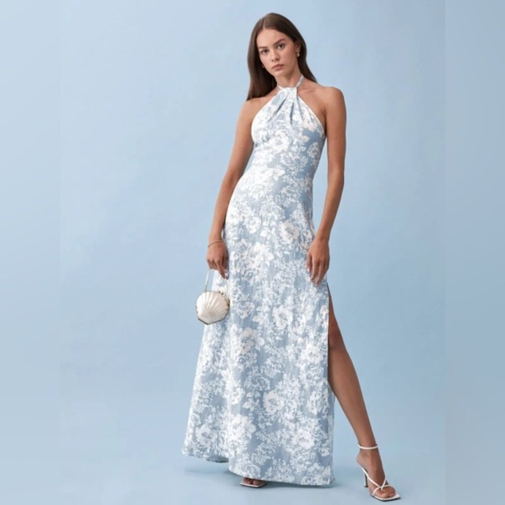 Reformation Elmer Linen Floral Halter Dress in Porcelain Size 0